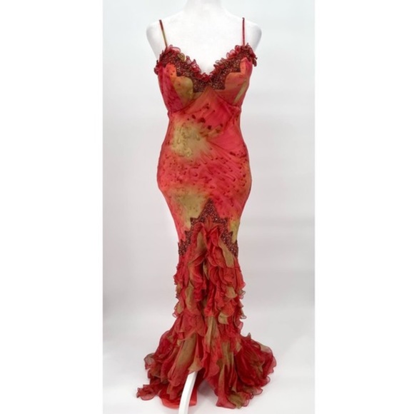 Vintage 90s Y2K 100% Silk Beaded Dress Vintage Silk Dress Prom Fairy Watercolor - Picture 3 of 16